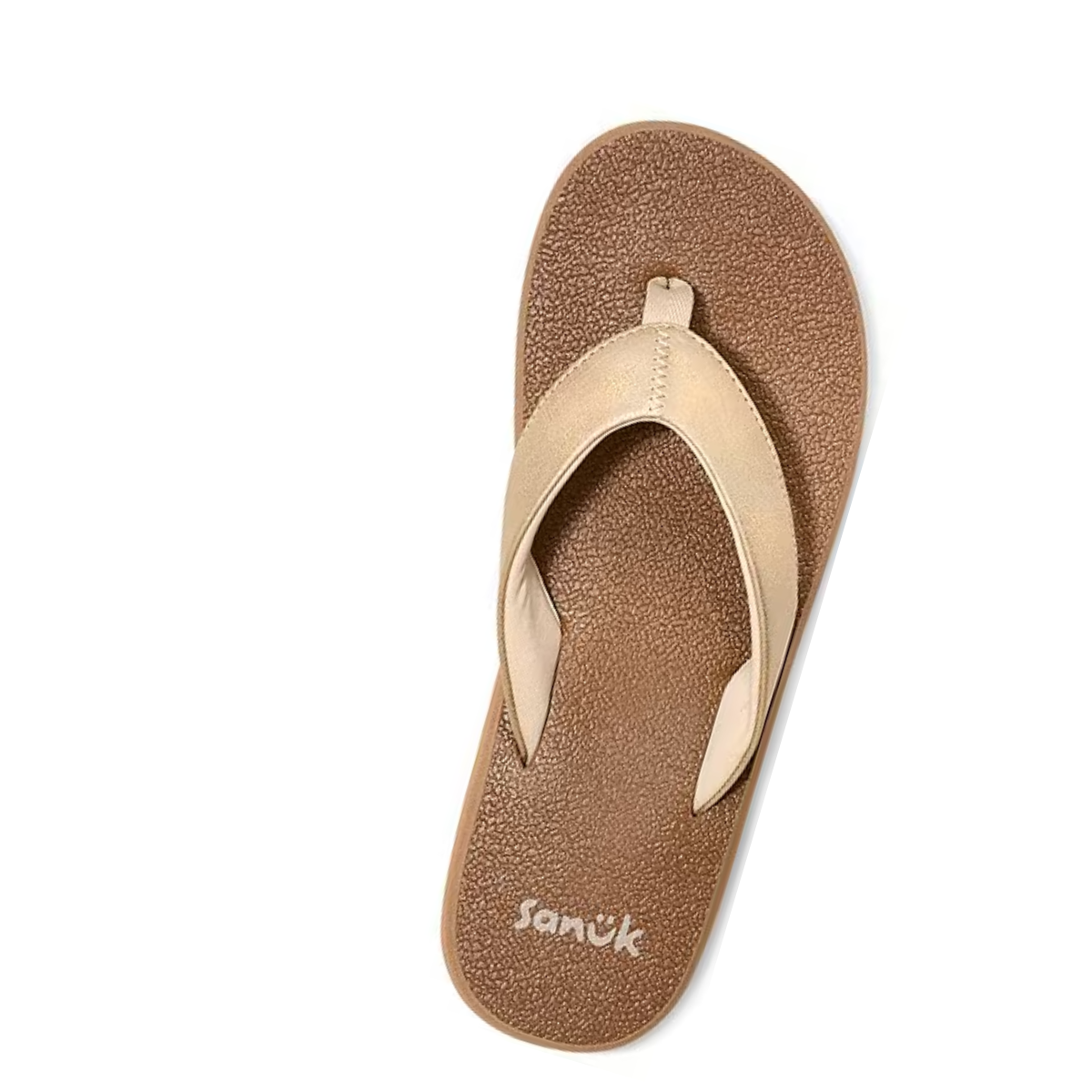 A single brown Lole Brands Yoga Mat II Metallic Flip Flop with a beige strap, featuring the brand name on the footbed and crafted for comfort like a yoga mat flip flop.