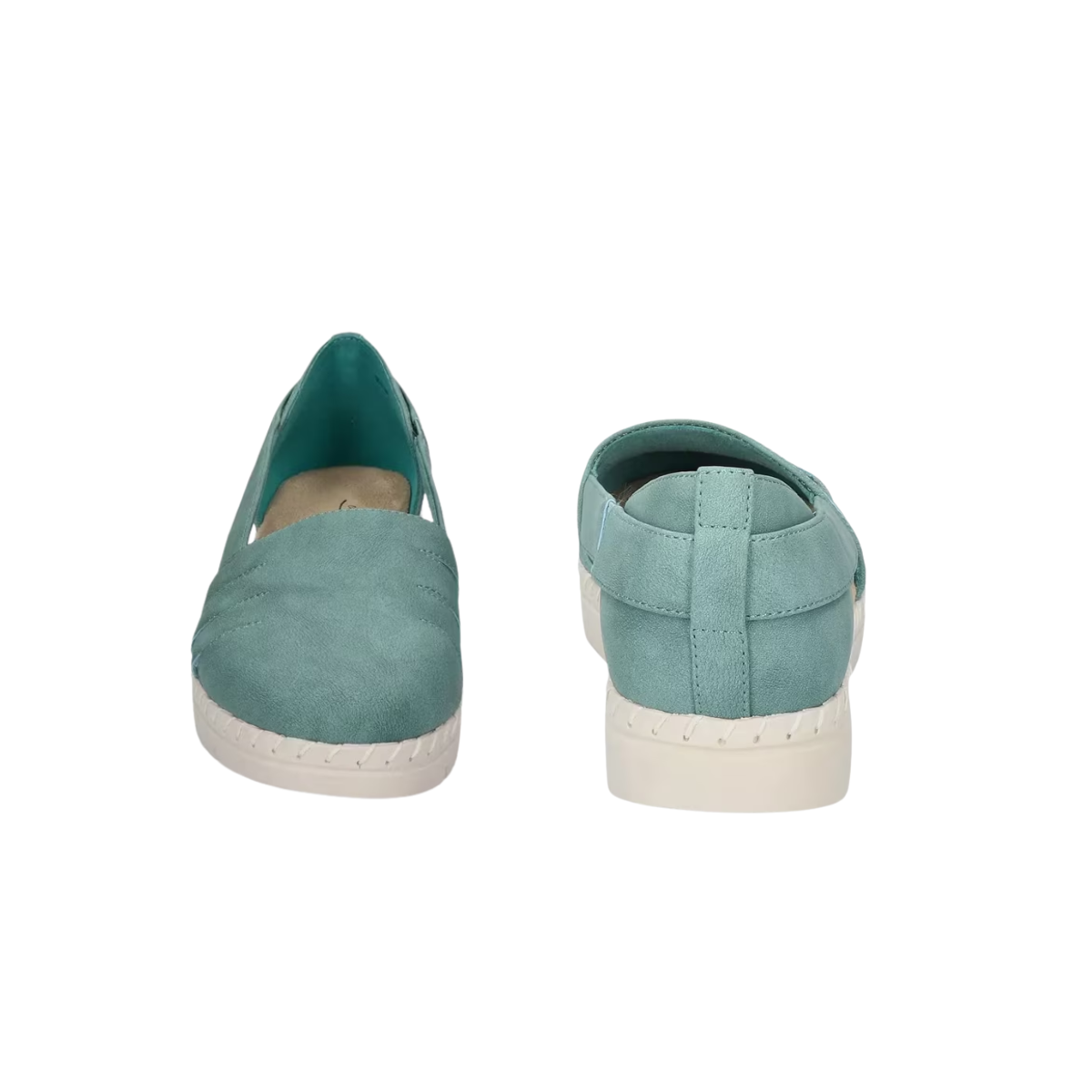 The EASY STREET Easy Street Bugsy Slip On in Turquoise features a padded insole and teal slip-on design, shown with one shoe facing forward and the other displaying the back, both set against a white background.