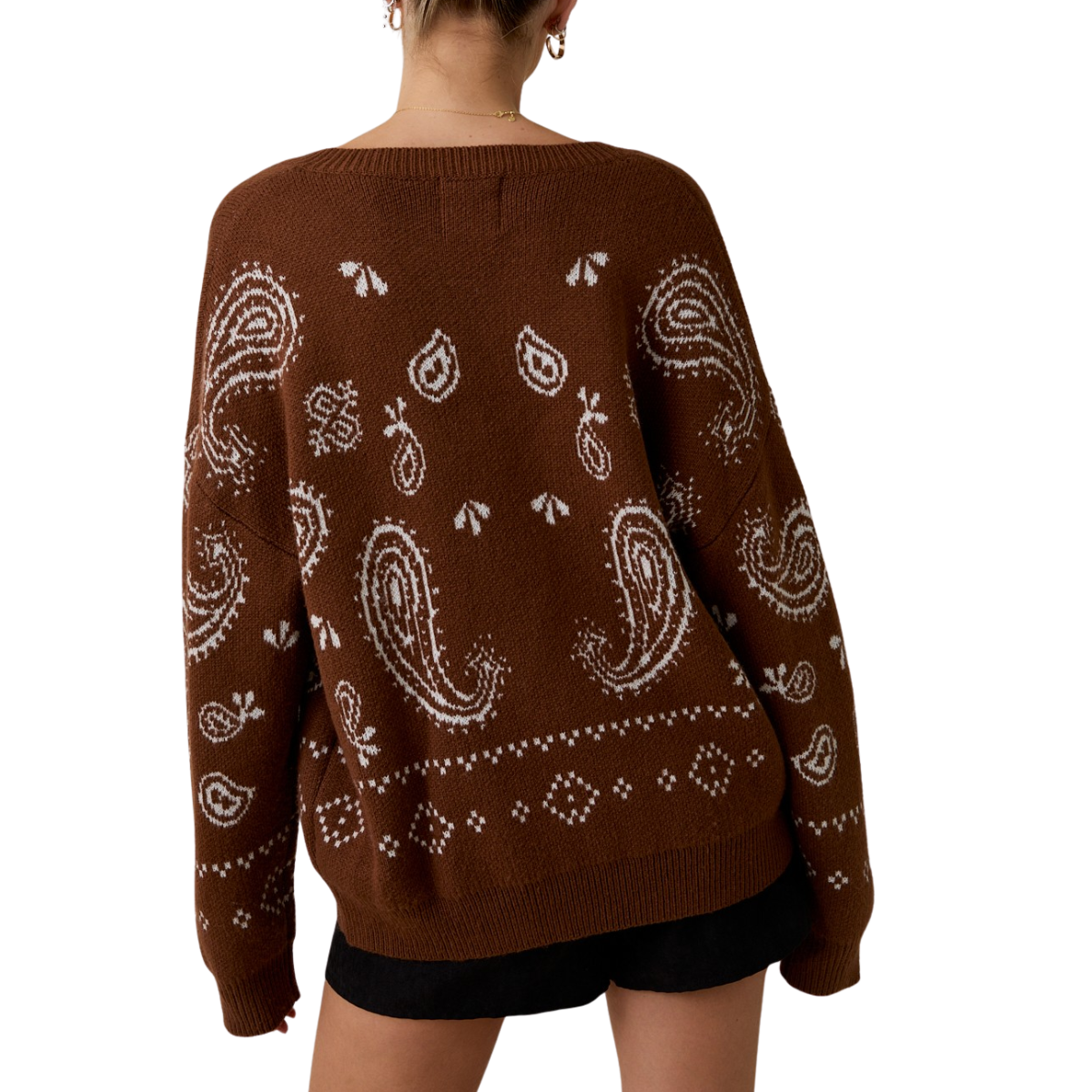 A person is seen from the back wearing the FASHION GO Brown and White Paisley Pattern Cardigan, paired with black shorts.
