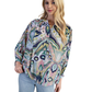 A woman wearing the FASHION GO Printed Loose Fit Button Down Blouse with a colorful abstract pattern and light blue jeans stands against a white background.