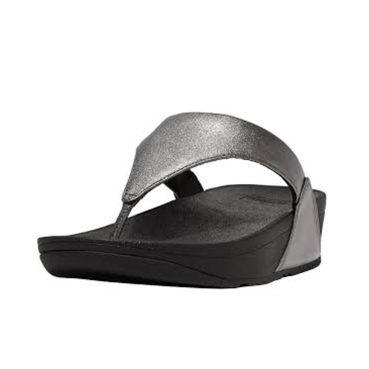 A single FITFLOP USA LLC Lulu Pewter sandal with a thick sole and an arch strap is shown, featuring ergonomic Microwobbleboard™ midsoles, photographed against a plain white background.