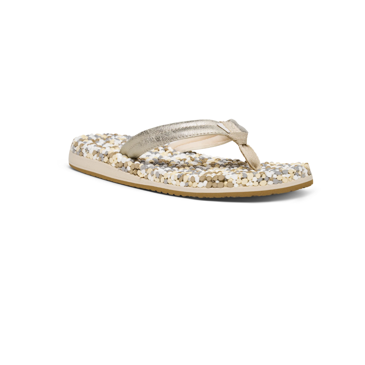 The Sanuk Bubblecush Flip Flops by Lole Brands feature a metallic gold finish, cushioned footbed, multi-colored beaded textured sole, and a flat beige rubber bottom, shown on a white background.