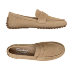 Tan SKECHERS Cleo Driver Smooth Lane Suede Driving Moc shown from side and top views, featuring a moccasin-style design reminiscent of a suede penny loafer, with the insole labeled Air-Cooled Memory Foam.
