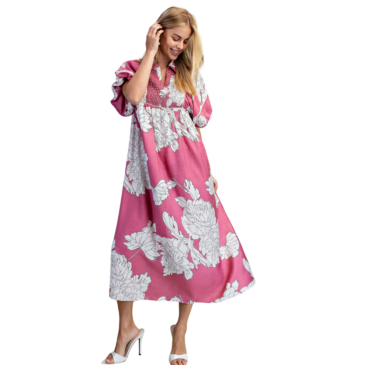 A woman stands and smiles, wearing the FASHION GO Floral Print Short Puff Sleeve Midi Dress with white high-heeled shoes. Main image