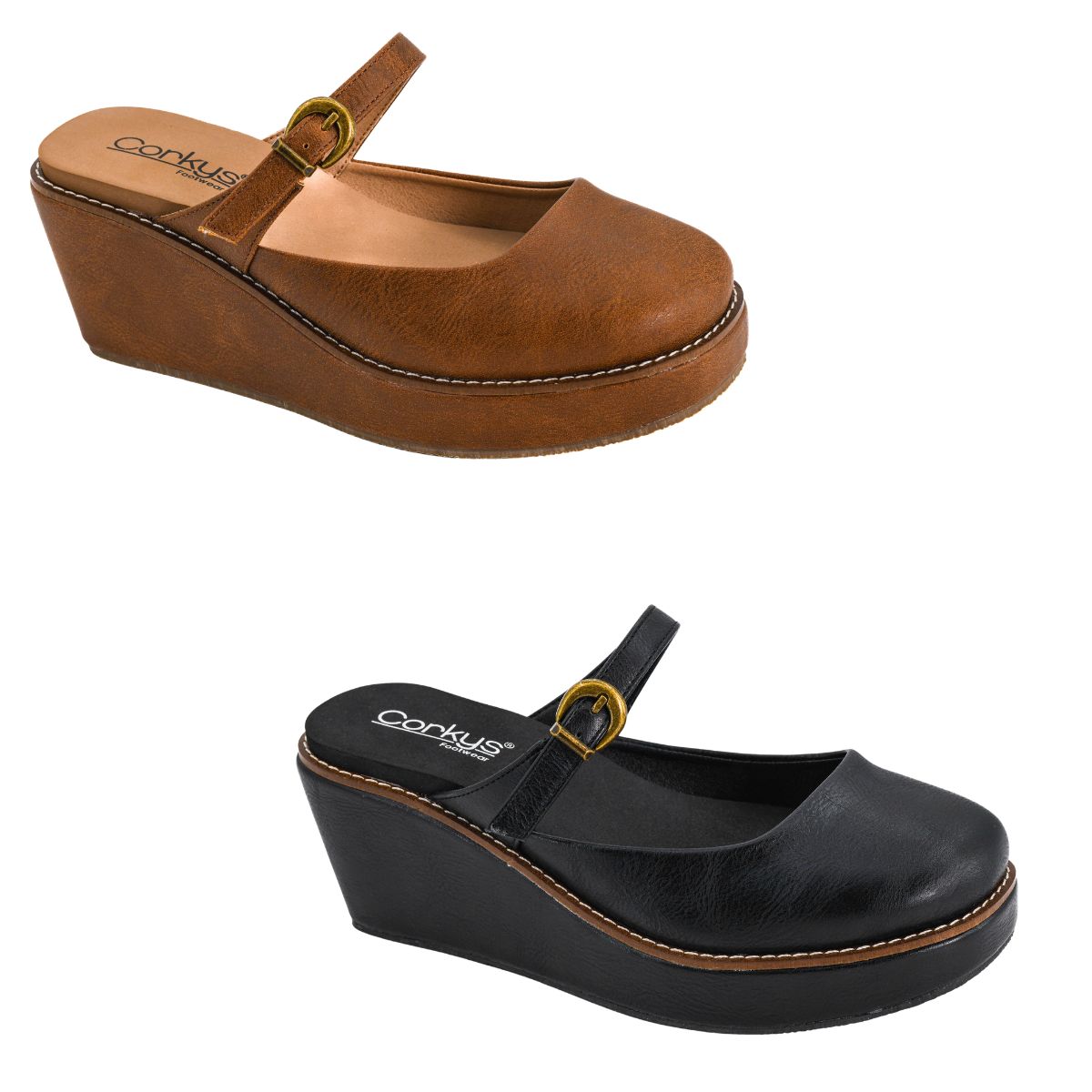 Two Me Time Wedge shoes from CORKY’S FOOTWEAR INC are displayed, one in a warm brown shade and the other in classic black—both featuring wedge heels, buckle straps, and rounded toes for ultimate comfort. The brown Auburn-inspired style offers a cozy vibe, while the sleek black option is perfect for those who prefer timeless black wedges women will love. Main image