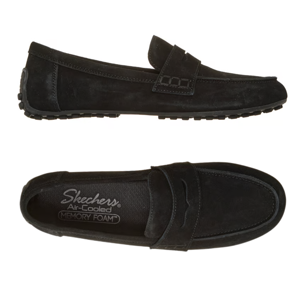 Two views of the SKECHERS Cleo Driver Smooth Lane Suede Driving Moc in black, a versatile penny loafer featuring a rubber sole and Skechers Air-Cooled Memory Foam insole branding.