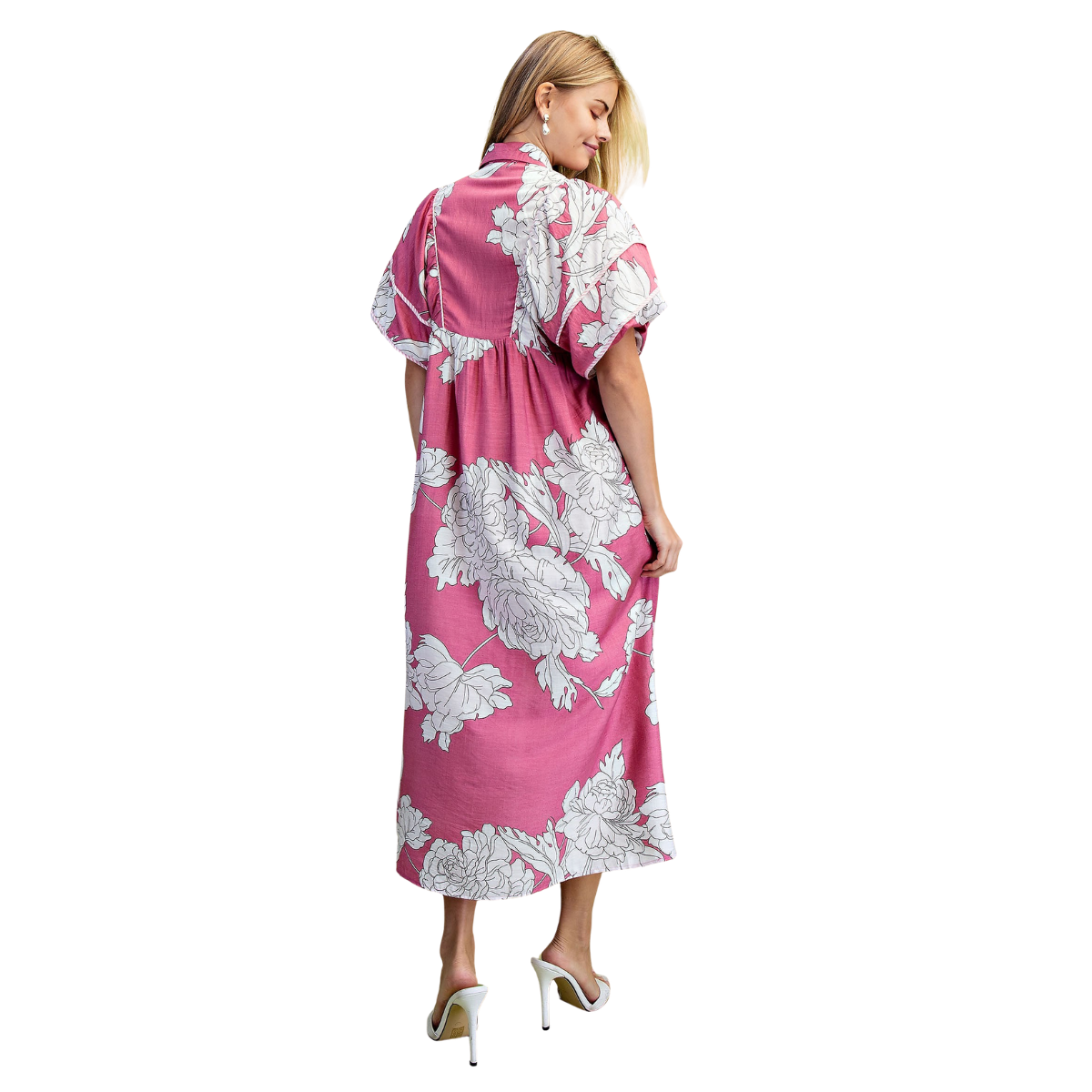 Model wears the FASHION GO Floral Print Short Puff Sleeve Midi Dress with white large flower patterns and a smocked yoke, paired with white high heels, and faces away to highlight the back of the dress.