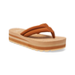 The Lole Brands Yoga Puff N Stuff Platform Flip Flops feature brown puffy fabric straps, a textured sole, yoga mat footbed for comfort, layered midsole shades, and a ridged white outsole.