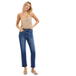 A woman wears FASHION GO's Tummy Control Elastic Band High Rise Crop Straight Pants by Risen in blue, styled with a beige sleeveless top and woven shoes, standing with one hand in her pocket against a white background.