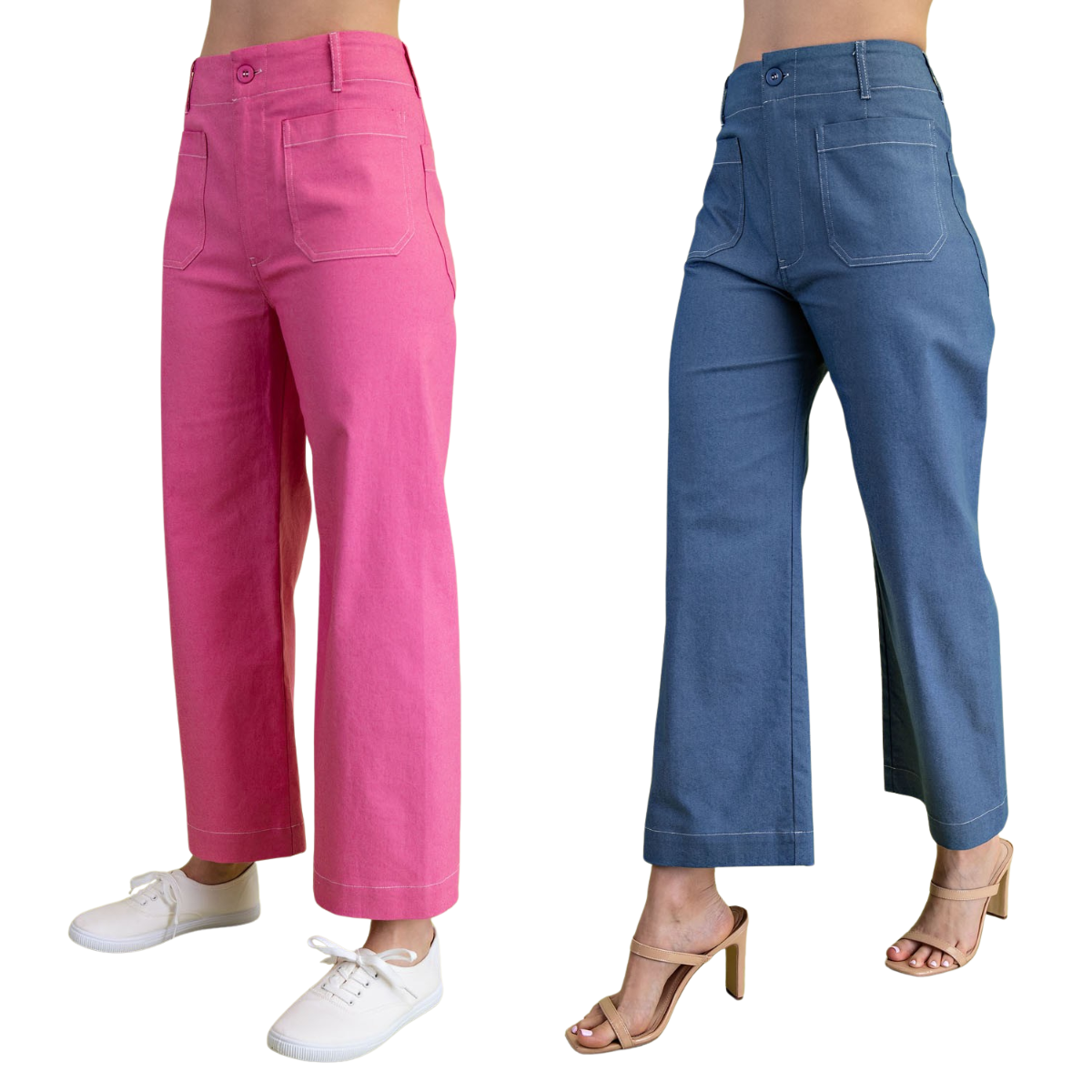 Two people wear FASHION GO Cropped Wide Leg Pants with Contrast Stitching; one in pink with white sneakers, the other in blue paired with beige heeled sandals. Both styles feature front pockets and a high-waisted, cropped wide leg fit. Main image