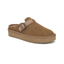 The Blowfish Malibu Monday Clog by CALERES INC is a brown tan faux suede slip-on with a tan buckle strap and thick rubber sole, pictured at a three-quarter angle on a white background.