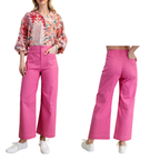 Front and back view of a person wearing FASHION GO’s Cropped Wide Leg Pants with Contrast Stitching, styled with white sneakers and a floral long-sleeve blouse.