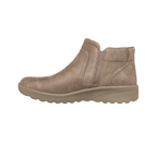 The SKECHERS Relaxed Fit: Lovely Vibe - Forever Mine Bootie is a taupe casual ankle boot with a low beige sole, side stitching detail, and elastic panel for easy slip-on wear. It features Skechers Relaxed Fit comfort and Air-Cooled Memory Foam cushioning, shown here in a left side profile.