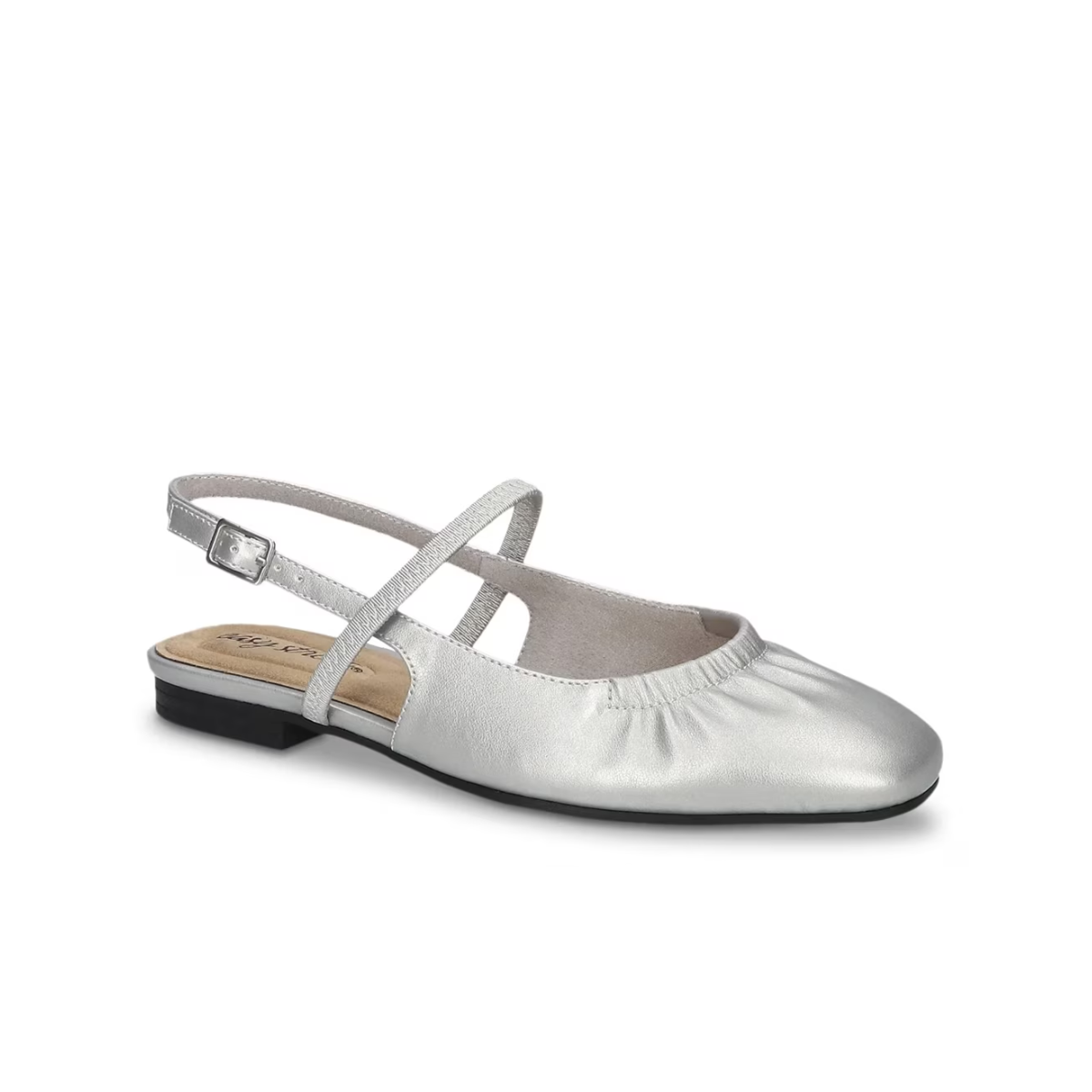 The EASY STREET Easy Street Blake Slingback Flats feature a silver ruched, closed toe with pleated design, low black heel, adjustable slingback, and diagonal top strap—ideal for comfortable workwear.