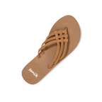 A single tan Lole Brands Yoga Sandy II Flip Flop, shown on a white background, features a textured sole, three crisscrossing straps, and a comfortable yoga mat footbed.