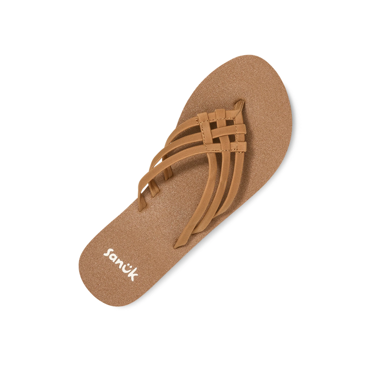 A single tan Lole Brands Yoga Sandy II Flip Flop, shown on a white background, features a textured sole, three crisscrossing straps, and a comfortable yoga mat footbed.