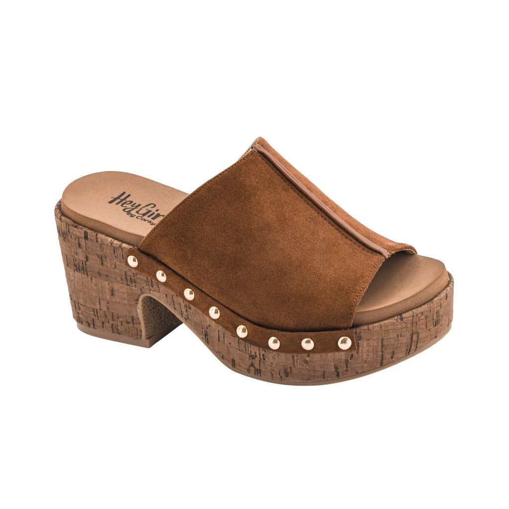 Introducing the Gaslight Heel from CORKY’S FOOTWEAR INC: This mule sandal features rich chestnut brown suede with an open toe, a sandal-inspired cork platform block heel, and gold stud accents along the sole.