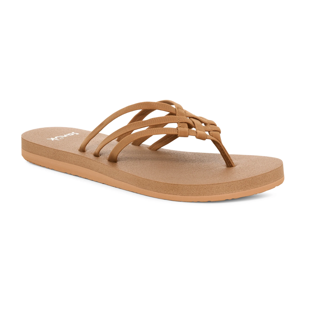 The Lole Brands Yoga Sandy II is a brown flat sandal with multiple thin straps and a toe loop, featuring a yoga mat footbed for supreme comfort, shown on a white background.