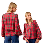 Two women model the FASHION GO Christmas Plaid Balloon Sleeve Ruffled V-Neck Top with blue jeans, shown from the back and front against a white background.