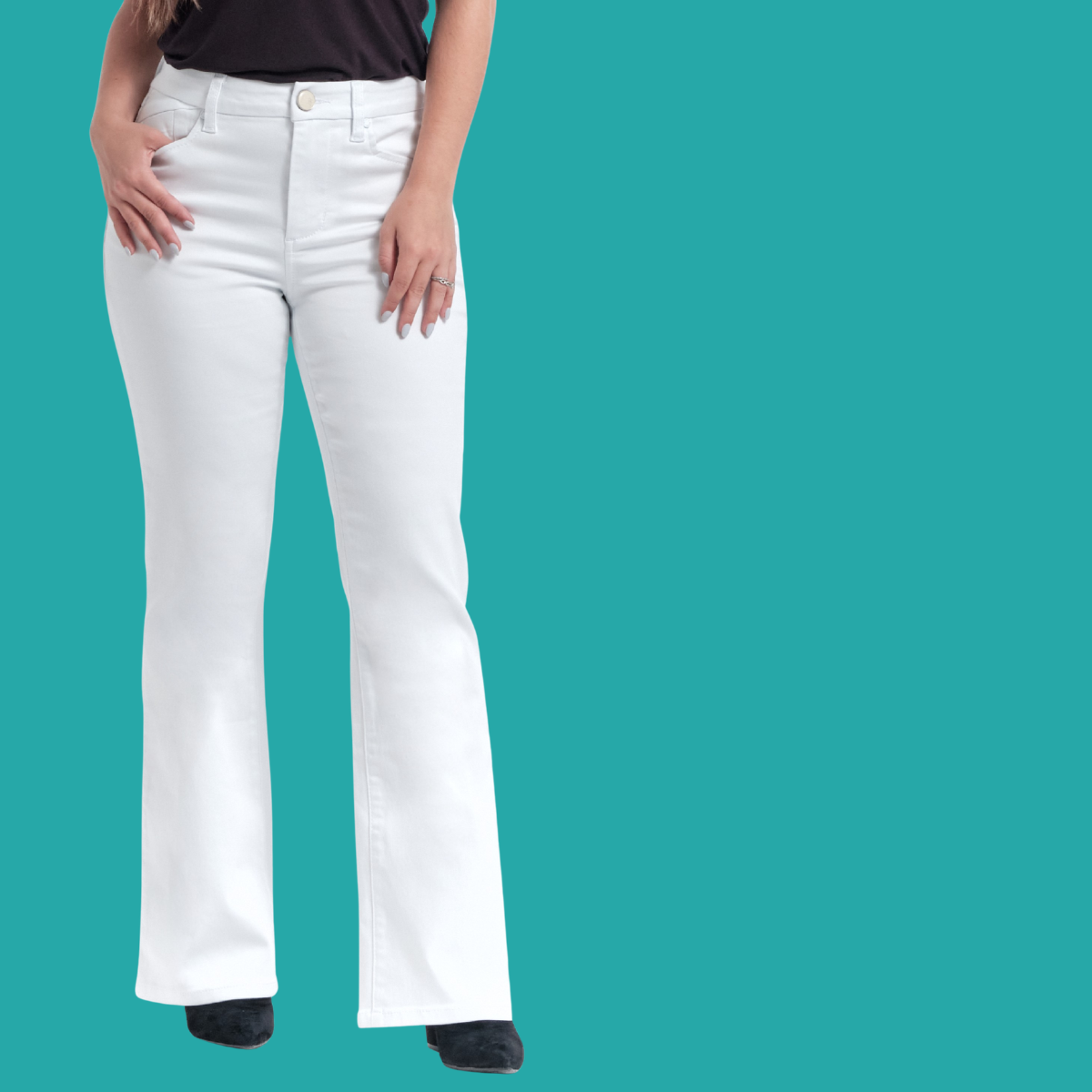 Model in 30" inseam Better Butter White Jeans by FASHION GO, paired with black shoes and a black top, posing before a solid teal background. Main image