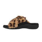 Side profile of a Vionic Relax II Slipper – Leopard & Cream, featuring a black slide design with a fluffy leopard-print faux fur strap and a molded footbed.