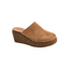 The Maybe Later Wedge Clog by CORKY’S FOOTWEAR INC features brown suede slip-on style, a cork-textured platform sole, and a cushioned footbed—shown on a white background for a stylish look.