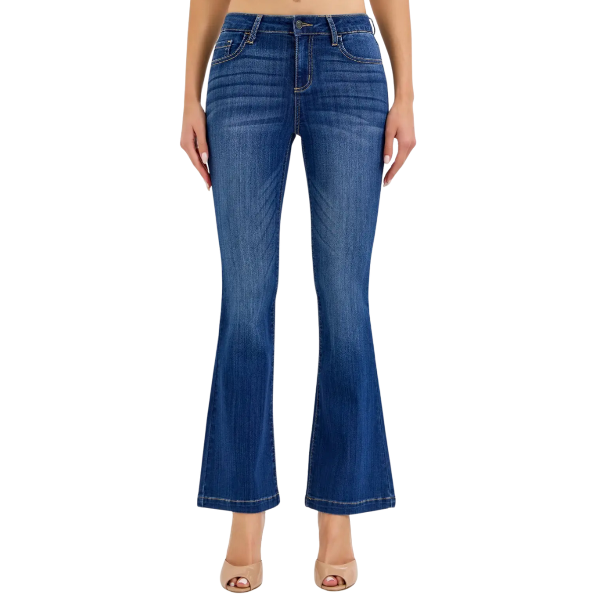 A person wearing FASHION GO Cello Button Fly 30" inseam Mid Rise Flare Jeans and open-toe beige heels, shown from the waist down against a white background. Main image