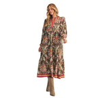 Women’s puff shoulder Baroque floral midi dress with long sleeves, contrast detailing and scalloped trim