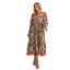Women’s puff shoulder Baroque floral midi dress with long sleeves, contrast detailing and scalloped trim