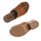 A pair of Gaslight Heel brown suede open toe mule sandals by CORKY’S FOOTWEAR INC is shown, with one sandal displaying the top and the other revealing the sole featuring a textured grip.