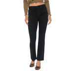 A person wearing FASHION GO High Rise Slim Bootcut Jeans in Black Wash and a brown long-sleeve crop top with patterned heels, standing against a white background.
