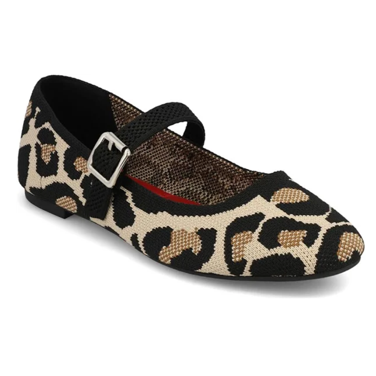 The MIA Brita Mary Jane Ballet Flat in Leopard features a beige, black, and brown animal print with a black buckle strap for a trendy look.