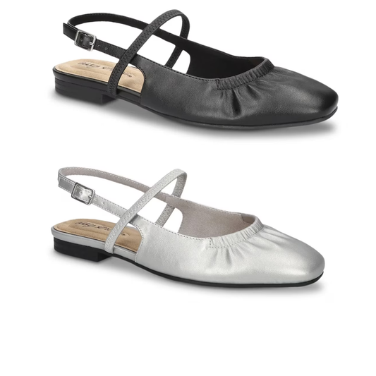 The EASY STREET Easy Street Blake Slingback Flats for women, shown in black and silver with pleated toe design and slim buckle strap, are ideal comfy work shoes displayed on a white background.