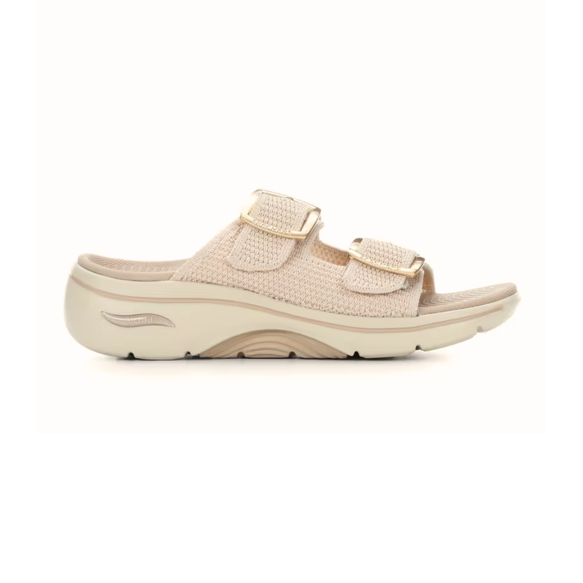 The SKECHERS Go Walk Arch Fit Chloe sandal in beige features a textured upper, two adjustable buckle straps, and a thick contoured sole with arch support—shown in profile against a white background. Main image
