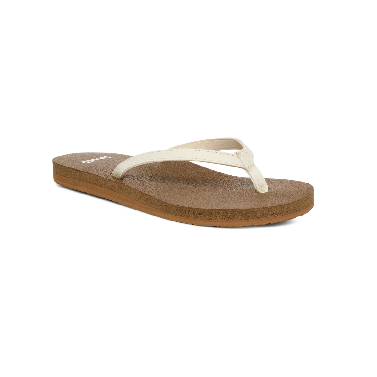 The SANUK - DECKERS Yoga Joy 2 Ladies Flip Flop in White features a brown sole, eco-friendly materials, and is photographed on a white background.