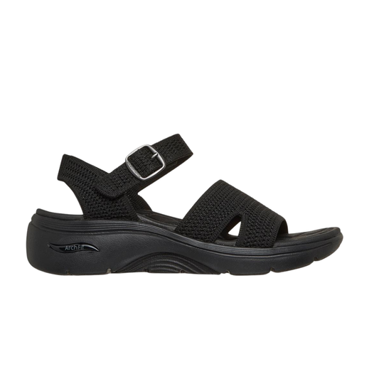 The SKECHERS Skechers On The Go GO WALK™ Arch Fit® 2.0 Sandal features a black open-toe design with adjustable ankle strap, dual front straps, and a contoured sole—perfect for comfortable walking and excellent arch support.