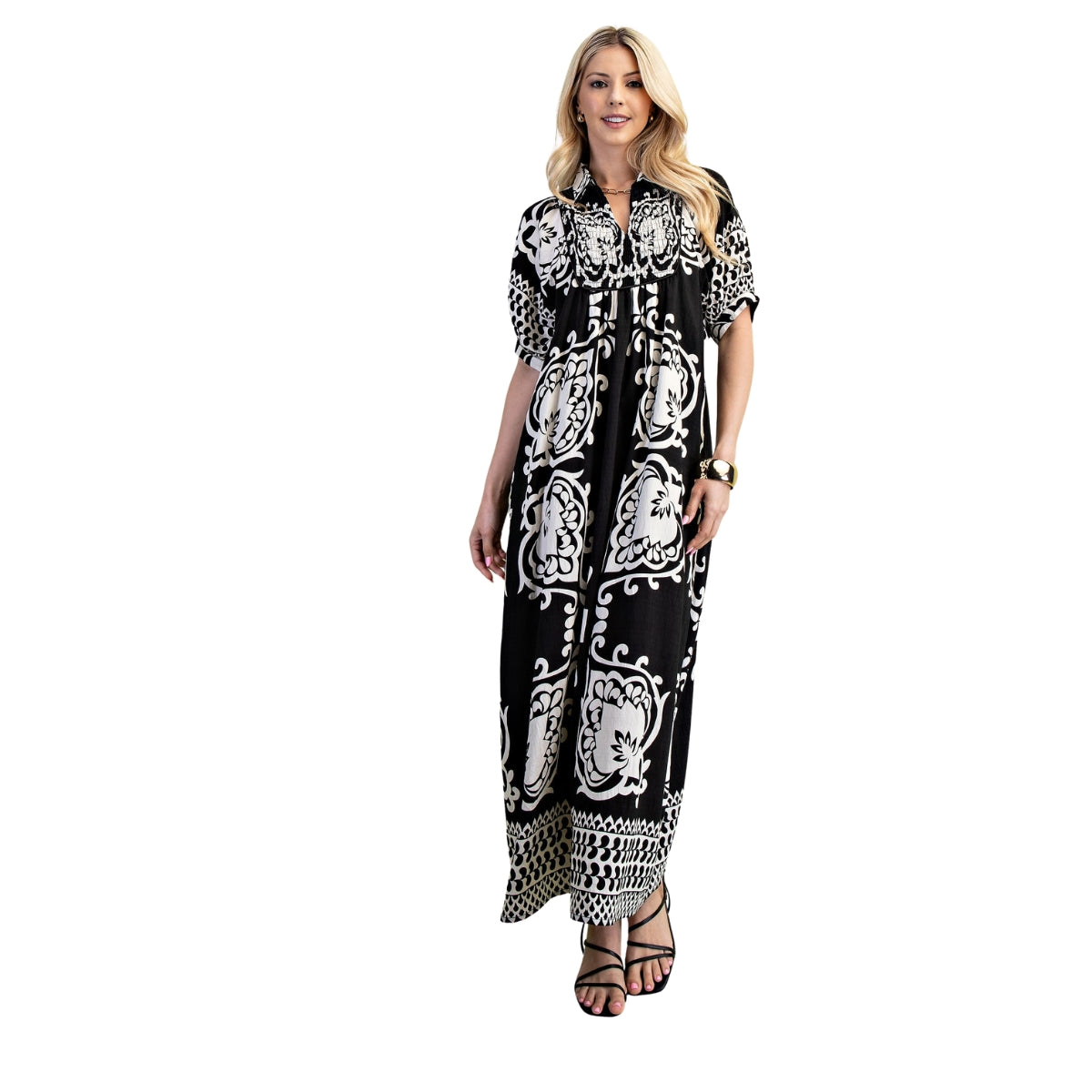 Women's black and ivory mixed print midi dress with smocked front yoke, collar and short puff sleeves Main image