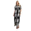 Women's black and ivory mixed print midi dress with smocked front yoke, collar and short puff sleeves