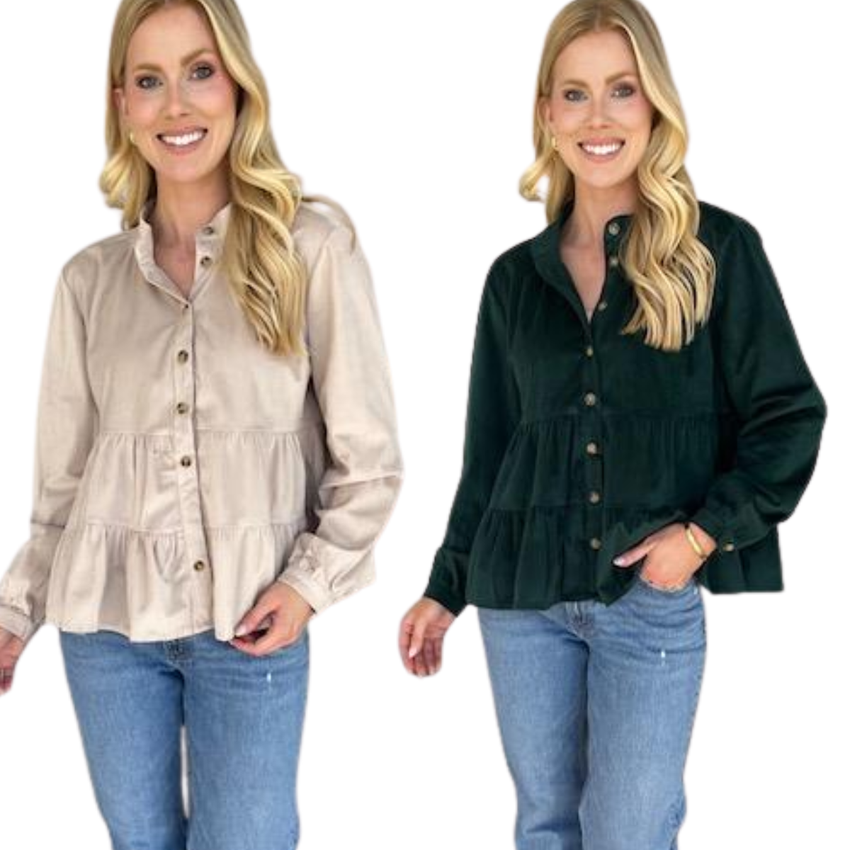 A woman wearing the Carole Christian Corduroy Tier Top with a button front stands next to another woman.