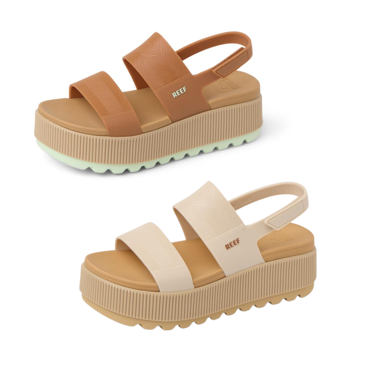 The REEF Water Vista Higher platform wedge sandals feature cushioned footbeds, thick soles, tan and beige two-strap uppers with slingback heels, and the REEF logo on the side. Main image