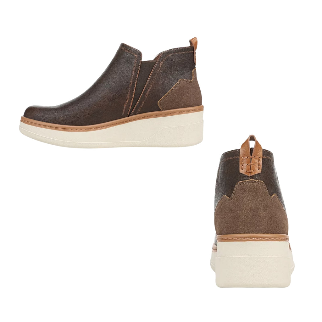 Two views of the Charming Wedge Sneaker Bootie by CALERES INC, featuring a brown leather slip-on design with a beige platform sole, are shown from the side and back angles against a white background.