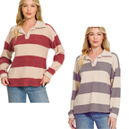 Two women wearing the FASHION GO Brushed Hacci Collared Top—one in red and beige stripes, the other in gray and beige stripes—paired with blue jeans, stand against a white background. These lightweight sweaters are crafted from ultra-soft brushed Hacci knit and feature a classic collared striped design for all-day comfort.
