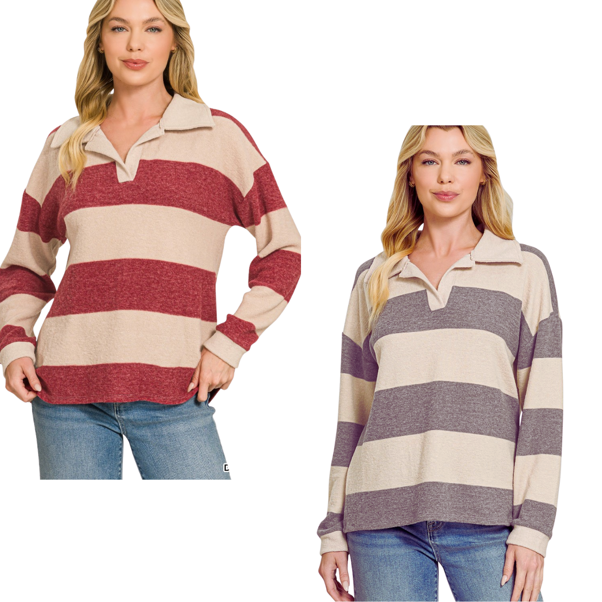 Two women wearing the FASHION GO Brushed Hacci Collared Top—one in red and beige stripes, the other in gray and beige stripes—paired with blue jeans, stand against a white background. These lightweight sweaters are crafted from ultra-soft brushed Hacci knit and feature a classic collared striped design for all-day comfort.