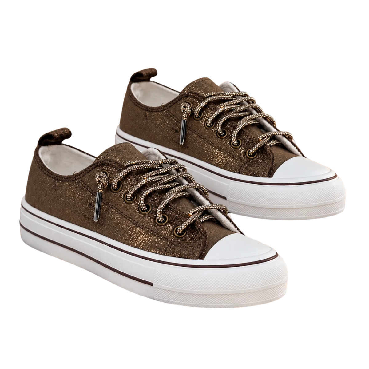 Very G Harmon women's chocolate brown suede-look sparkle sneaker with rhinestone-style laces, white cap toe and platform sole Main image