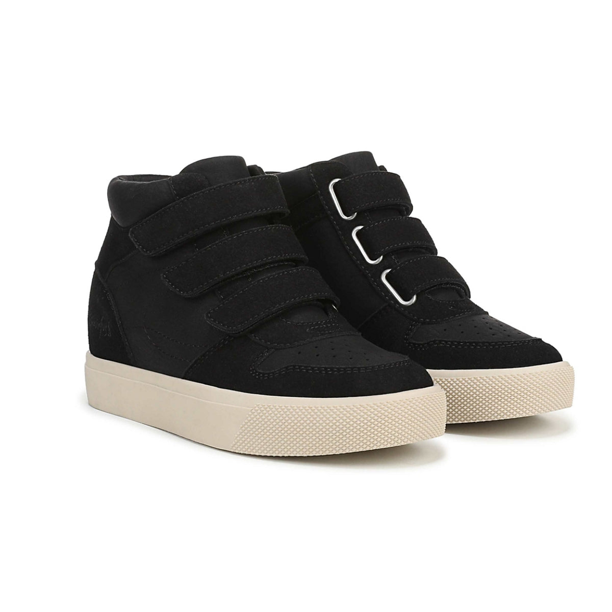 The Zest Hidden Wedge Sneaker by Caleres features a sleek black high-top design with three velcro straps and white rubber soles, offering both style and comfort. Shown against a white background, these versatile sneakers are perfect for any occasion. Main image