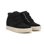 The Zest Hidden Wedge Sneaker by Caleres features a sleek black high-top design with three velcro straps and white rubber soles, offering both style and comfort. Shown against a white background, these versatile sneakers are perfect for any occasion.