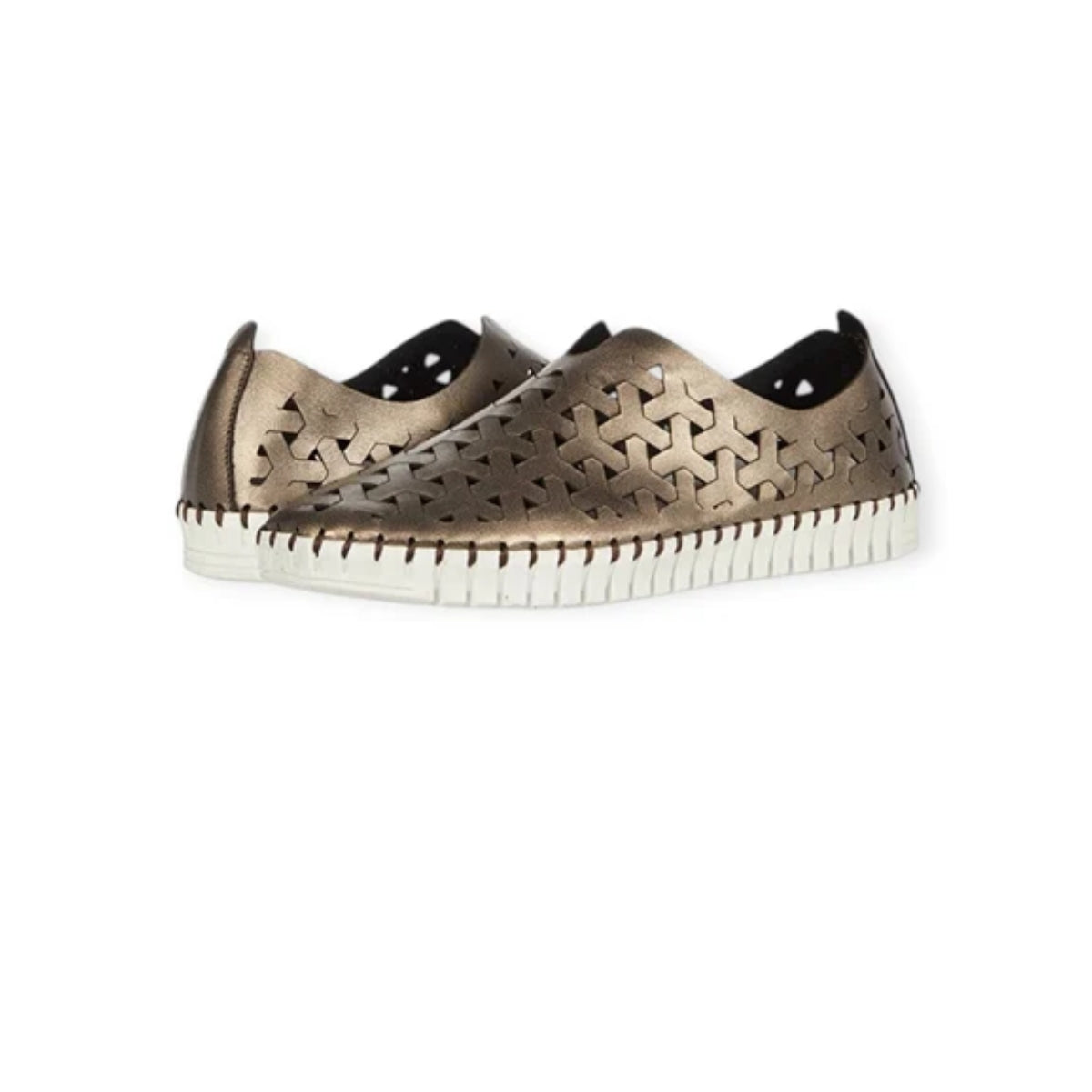 Inez Flat Leather Sneaker by Eric Michael—metallic bronze slip-on casual shoes featuring a woven cutout design with star-shaped details and white rubber soles, displayed on a white background.
