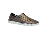 Women's pewter leather slip-on sneaker with woven cutout design, contrast stitching and white sole