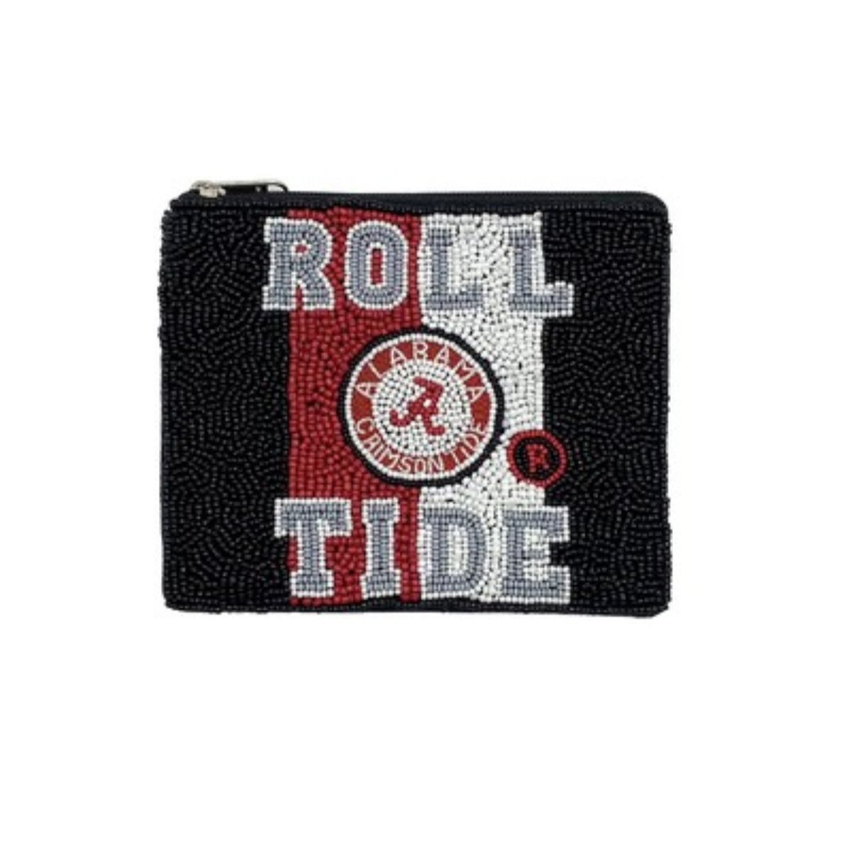 The FASHION GO University Of Alabama Roll Tide Coin Pouch is a collegiate licensed, handmade purse with "Roll Tide" and the university logo on a beaded red, white, and black background.