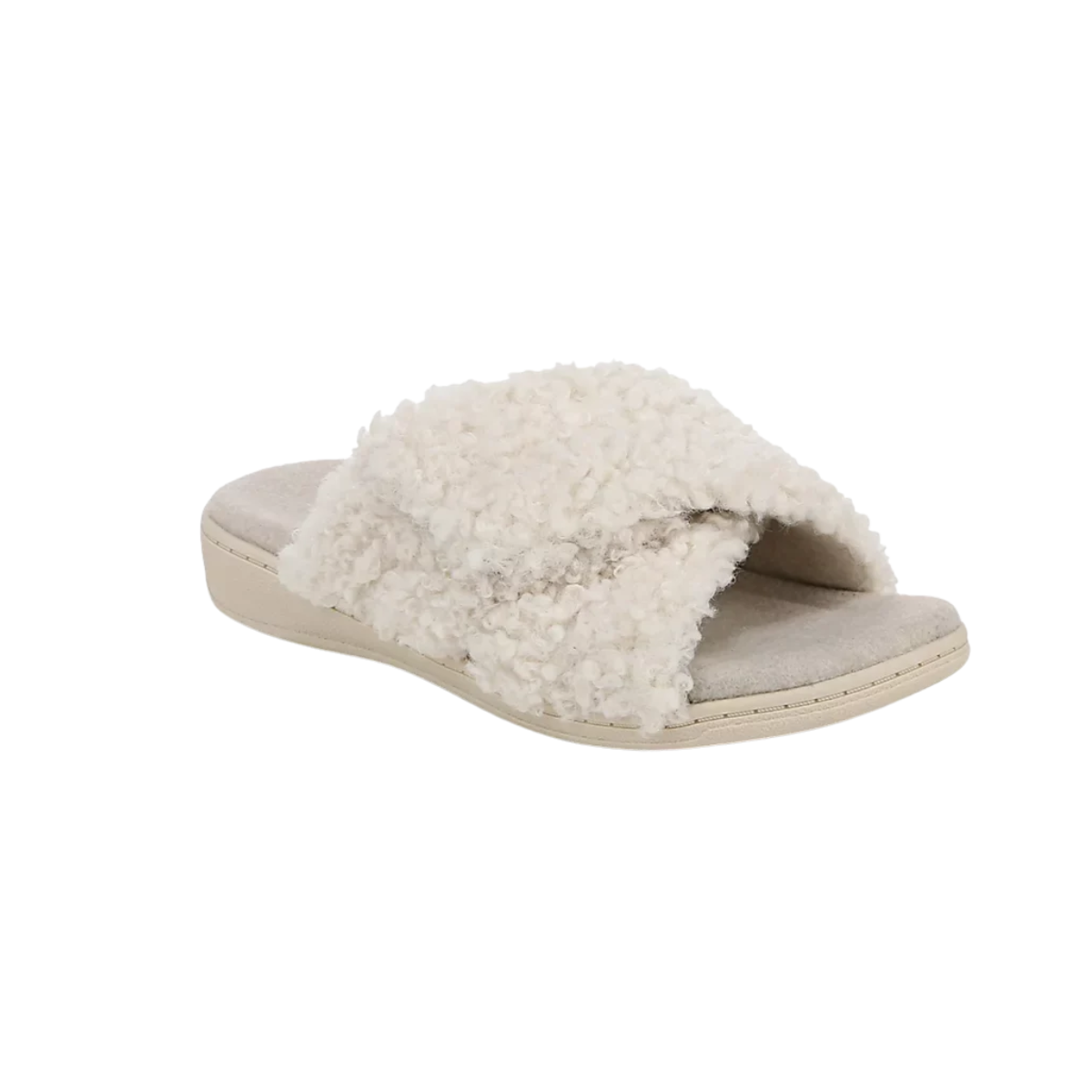 Cream-colored Vionic Relax II Slipper slide slippers with a plush, textured cross-strap upper.